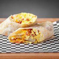 Bacon Breakfast Burrito · Flour tortilla with scrambled eggs, bacon, breakfast potatoes and cheddar cheese.