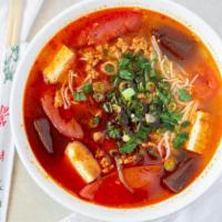 Crab Noodle Soup · Bun Rieu, tofu, ground pork meat, pork blood, tomatoes with small Vermicelli noodle.