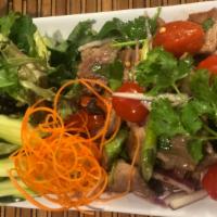 Beef Salad · Grilled beef, red onions, green onions, mints, cilantro, cherry tomatoes served with organic...