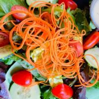 Side House Salad · Spring mixed green, Romain hearts, tomato, and carrots served with house dressing.
