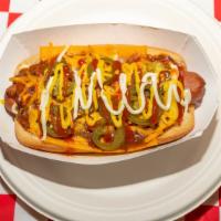 Chili Hot Dog · Cheddar Cheese, Hormel Chili With Beans, Chopped Onion, Pickled jalapeño slices, mayo, ketch...