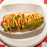 Classic Hot Dog · Roasted onion, roasted jalapeño, Pik-Nik shoestring potatoes (optional), mayo, ketchup, and/...