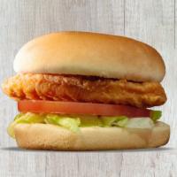 Little Chicken Sandwich · Delicious fried chicken on a bun with mayo, lettuce, and tomatoes.