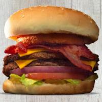 Big Time Burger · Two fresh quarter-pounder patties, two slices beef bacon, two deep-fried onions, American ch...