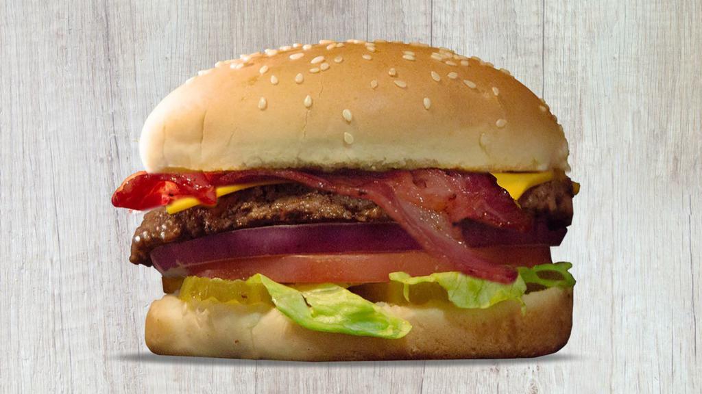 Bacon Cheeseburger · Fresh quarter-pounder, bacon, American cheese, thousand island, pickles, lettuce, tomatoes, and onions.