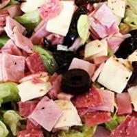 Antipasto Salad (Small) · Romaine lettuce, tomatoes, cucumbers, onions, pepperoni, salami, ham, Mozzarella cheese and ...