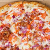 Bacon Chicken Ranch Pizza Giant Slice · Ranch dressing, chicken, onions, tomatoes, bacon and Mozzarella cheese.