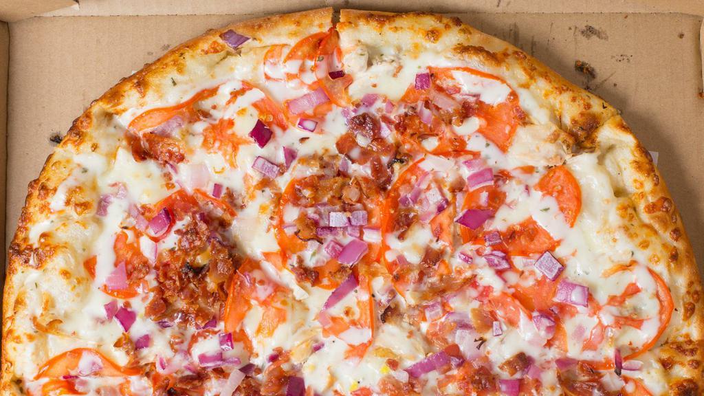 Bacon Chicken Ranch Pizza Giant Slice · Ranch dressing, chicken, onions, tomatoes, bacon and Mozzarella cheese.