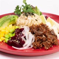 Vegan Bowl · BASE: brown rice & salad
SIDE:avocado, seaweed salad, mango,beet,cucumber and onion
PROTEIN:...