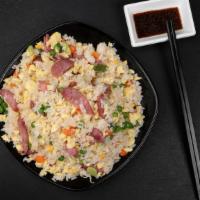 Sausage Fried Rice · sausage, egg, green bean, corn, carrot, green onion.