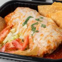 Loaded Wet Burrito · Choice of meat, beans, rice, cilantro, onions, salsa, and lime red or green salsa. Topped wi...