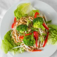 Asian Noodle Salad · Soy-marinated noodles tossed in ginger vinaigrette dressing with broccoli, bell pepper, bean...