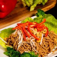 Asian Noodle Salad With Chicken (Large) · Soy-marinated noodles, broccoli, red bell pepper, bean sprouts, grilled chicken and peanuts ...