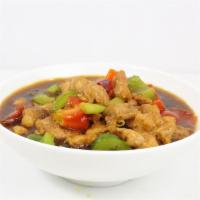 Chili Chicken · Very spicy. Chicken, green chili, bell pepper and red onion.