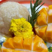 Mango Sticky Rice · Vegan. Fresh mango with sweetened sticky rice in coconut cream sauce and coconut ice cream.