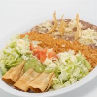 Taquitos Dorados · Chicken,Rice, Beans, Salad