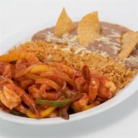 Camarones Rancheros · (Tortillas Corn or Flour)
Rice, Beans, Cooked with bell pepper, onions, tomatoes sauce