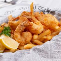 Shrimp Basket · Jumbo crispy shrimp with fries.