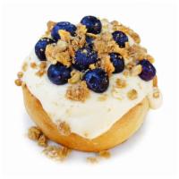 *Blueberry Pie Roll · cream cheese frosting topped with homemade pie crumble and fresh blueberries