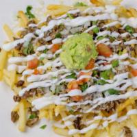 Asada Fries · fries with beef, jack cheese, sour cream, pico de Gallo, and guac.
