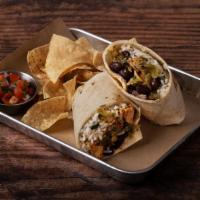 Grilled Chicken Burrito · Grilled chicken, spanish rice, black beans, pico de gallo, and salsa wrapped in a flour tort...