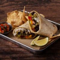 Vegetarian Burrito · Fajita onions and peppers, spanish rice, black beans, pico de gallo, and salsa wrapped in a ...