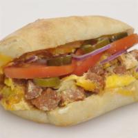 #3 Links Breakfast Sandwich · Two eggs, hot links, cheddar cheese with the works on our ciabatta roll.
