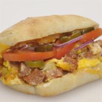 #1 Ham & Cheddar Breakfast Sandwich · Two eggs, ham, cheddar cheese with the works on our ciabatta roll.