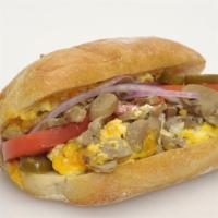 #5 Veggie Breakfast Sandwich · Two eggs, avocado, mushrooms, artichoke hearts, cheddar cheese with the works on our ciabatt...