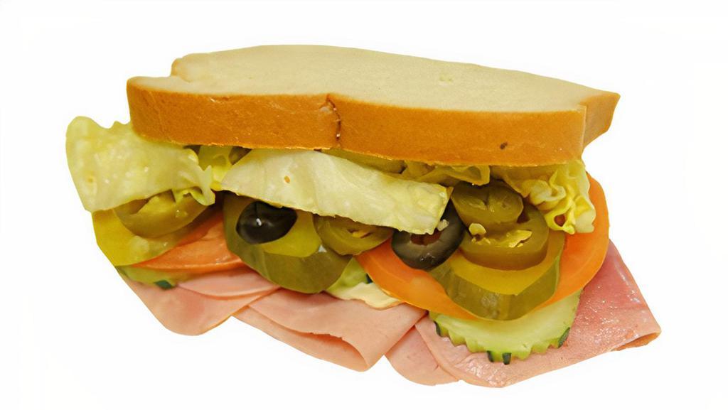 Ham Sandwich · Ham, cheese.
Make a note :  Choose your  BREAD  
- WHITE ,    WHEAT  OR BAGEL
• VEGETABLE 
 - LETTUCE  - TOMATO  - PICKLE  - OLIVE
 - CUCUMBER  - ONION - JALAPENO