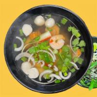 Seafood Pho Soup · Rice noodles with shrimp, imitation crab and fish ball in beef broth.
