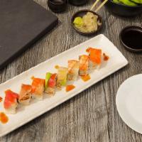 Rainbow Roll · Albacore, shrimp, salmon, tuna, white fish on top of California roll. 8 pieces