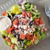 Green Mixed Salad · Romaine lettuce, fresh tomatoes, green peppers, black olives, onions, mushrooms and mozzarel...