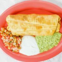 Chimichanga · Crispy fried burrito filled with rice refried beans, cheese and choice of meat topped with s...