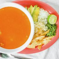 Chicken Tortilla Soup · Chicken Soup with Corn Chips, Cheese , Avocado.