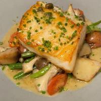 Chilean Seabass · Pan roasted chilean seabass served with oyster mushrooms, green beans, roasted potatoes, che...