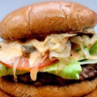 Father Figure · Hamburger (Brioche buns, all-beef patty, lettuce, tomato, pickles, grill onions, pickles, an...
