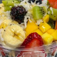 Acai Bowl · Acai sorbet topped with mango, strawberry, banana, blackberries, kiwi, coconut, granola and ...