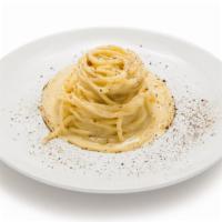 Spaghetti Cacio & Pepe · Vegetarian. Homemade spaghetti, pecorino, Parmigiano, EVOO.