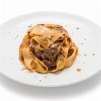 Pappardelle Genovese · Homemade pappardelle, slow cooked short rib, onion.