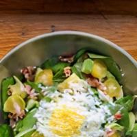 Spinach & Bacon · Baby spinach, sweet golden tomatoes, avocado, egg zest, applewood smoked bacon, shallot baco...