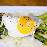 Grilled Asparagus · Basil aioli, sunny side-up egg, parmigiano reggiano.