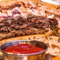 The Patty Melt · all natural brisket and short rib burger, caramelized onions, melted gruyere cheese, house s...