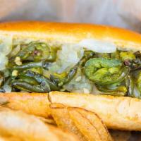 Hot Dog · Pork and beef blend, grilled onions, relish, grilled jalapenos, brioche roll.