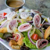Antipasto (Full) · Mixed greens, ham, salami, capicola, provolone cheese, sliced tomatoes, olives, pepperoncini...
