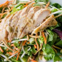 Thai Chicken Salad (Full) · Chicken, lettuce, carrots, scallions, sesame seeds, fresh cilantro, bean sprouts, peanuts, a...