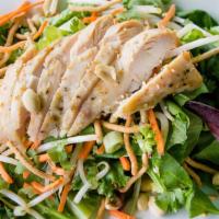 Thai Chicken Salad (Half) · Chicken, lettuce, carrots, scallions, sesame seeds, fresh cilantro, bean sprouts, peanuts, a...
