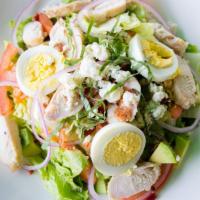 Cobb Salad (Half) · Chopped romaine lettuce, bacon, avocado, chicken, eggs, red onions, diced tomatoes, fresh ba...