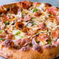 Deluxe · Pepperoni, sausage, mushrooms, bell peppers, black olives, onions, and tomato sauce.