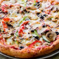 Vegetarian · Mushrooms, black olives, zucchini, bell peppers, onions, extra cheese, and tomato sauce.